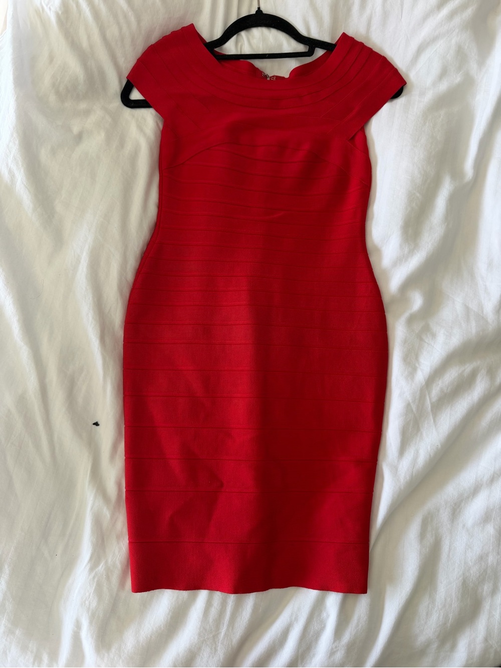 Herve Leger Red Cap-Sleeve Bandage Midi Dress